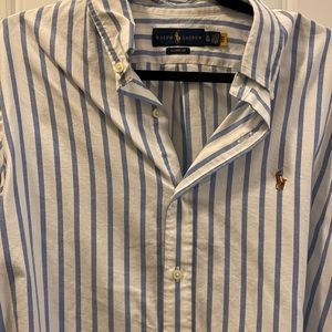 Mens Ralph Lauren long sleeve blue and white striped button down classic fit